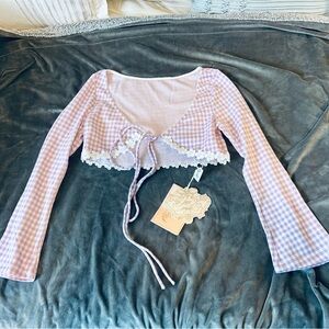 NWT Lacemade Winery of Grape gingham purple cardigan with flower details size XS